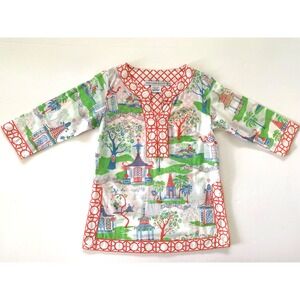 Gretchen Scott Chinoiserie Pagoda Tunic Top XS 0 2 cotton 3/4 sleeves